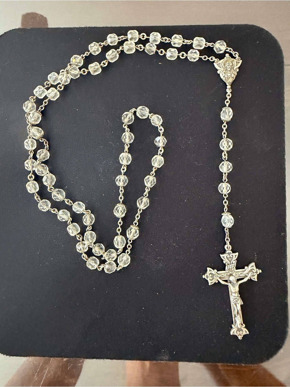 Vintage Ornate Hayward Sterling Silver & Crystal Rosary Necklace with Cross 22”